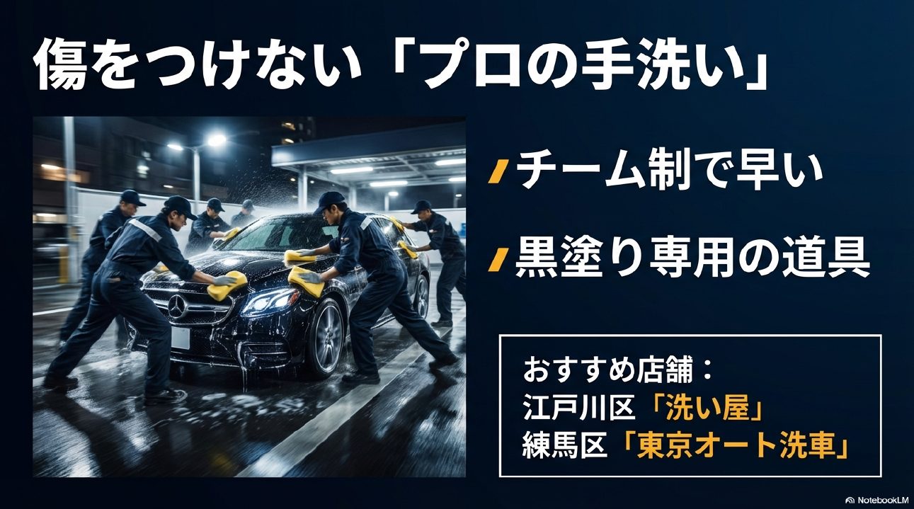 複数スタッフによるチーム制の手洗い洗車の様子" title="チーム制による迅速な手洗い洗車