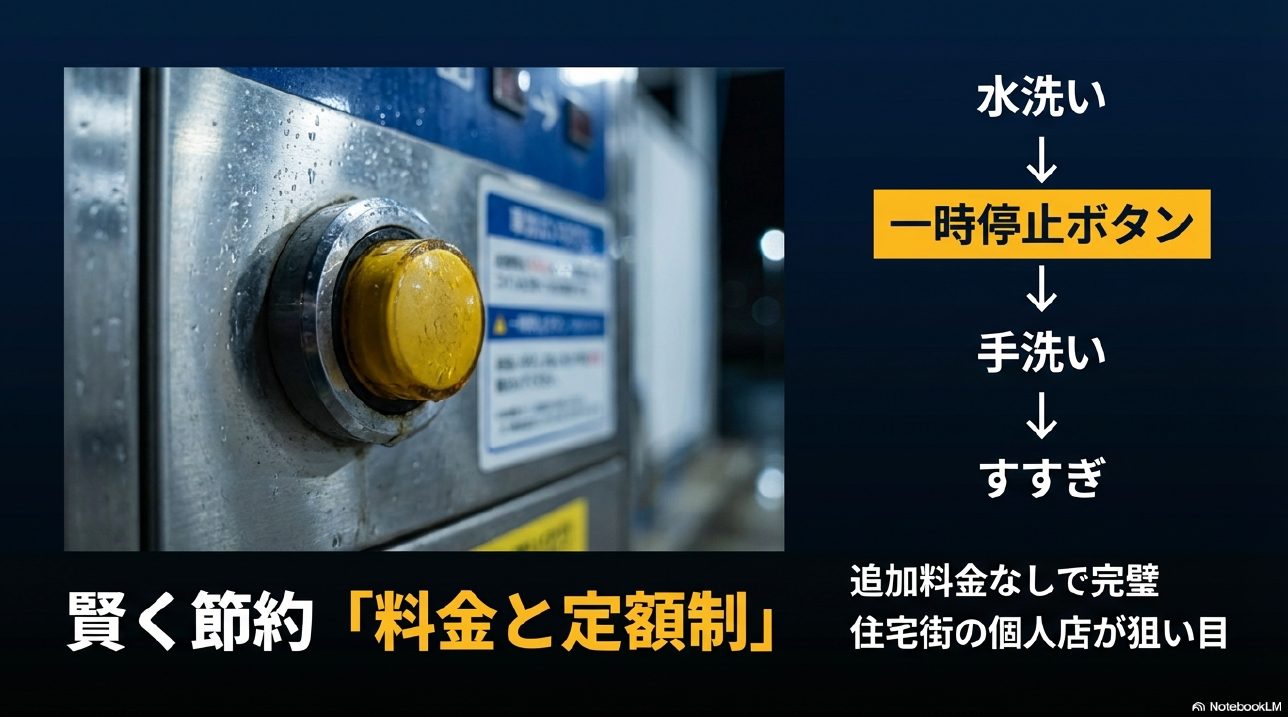 コイン洗車機の一時停止ボタンを活用した節約術のイメージ