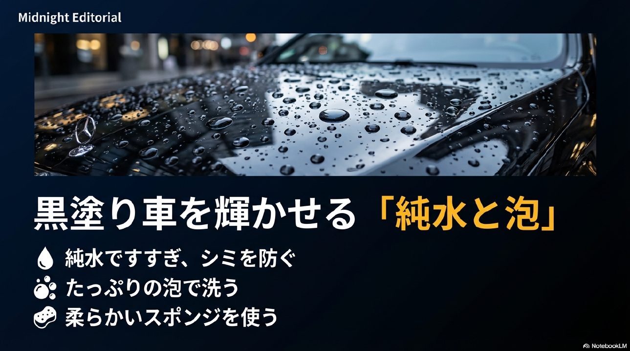 純水洗車で輝く黒塗りのタクシーボディと水滴