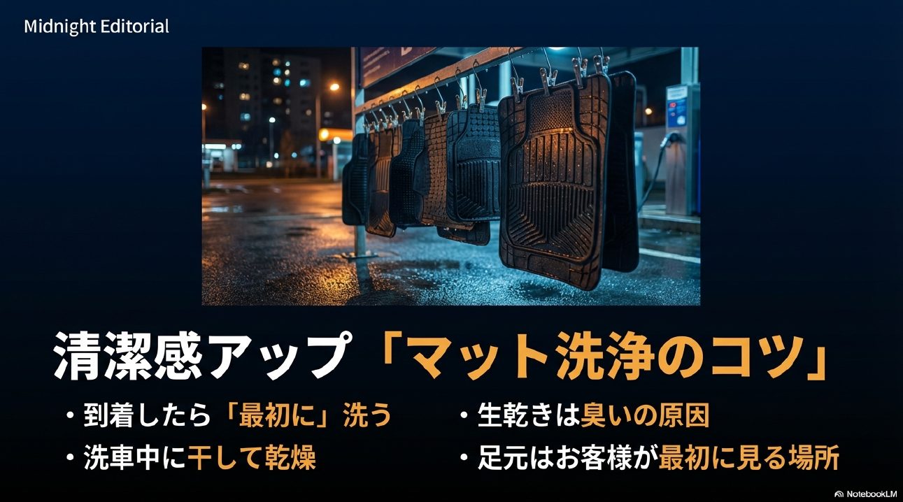 洗車場で洗浄後に干されているタクシーのフロアマット