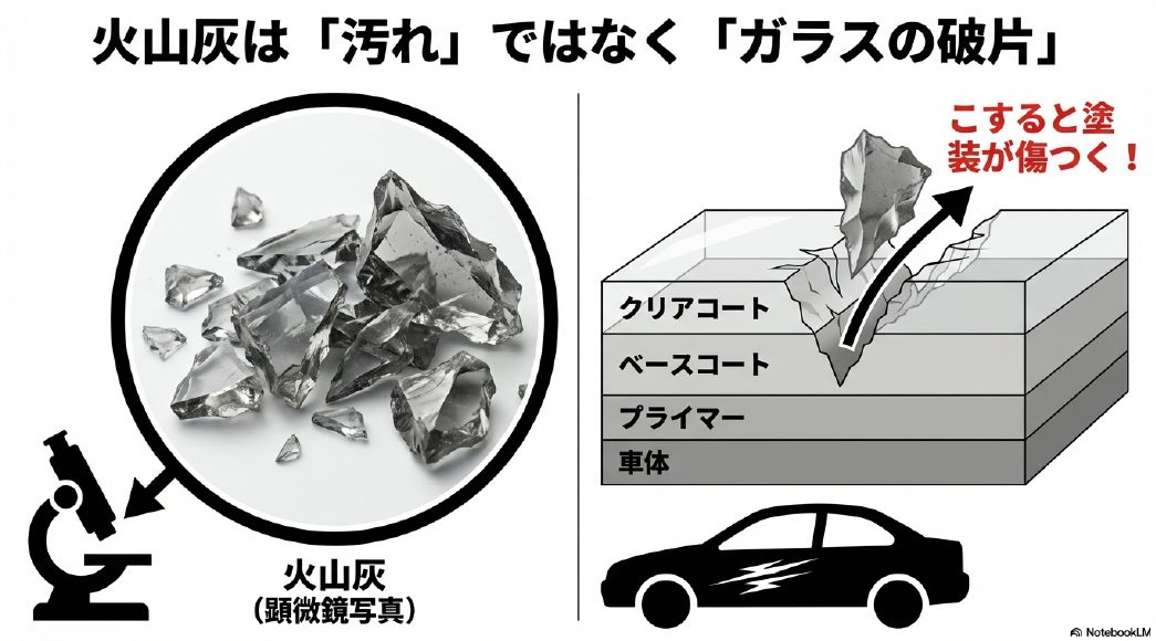 顕微鏡で見た火山灰のガラス質構造と塗装への傷のリスク