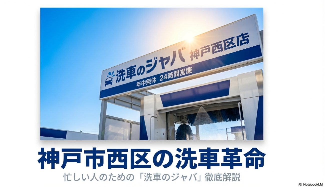 洗車のジャバ神戸西店の外観。4台の門型洗車機が並ぶ広々とした敷地