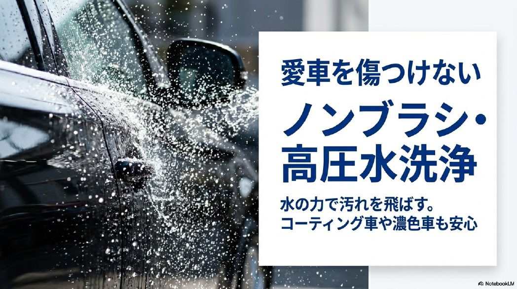 洗車のジャバの特徴であるノーブラシ・高圧水洗浄。愛車を傷つけず汚れを落とす