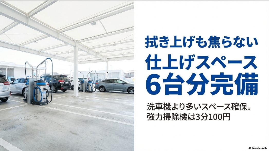 洗車のジャバ神戸西店の仕上げスペース。掃除機6台完備でゆっくり拭き上げが可能