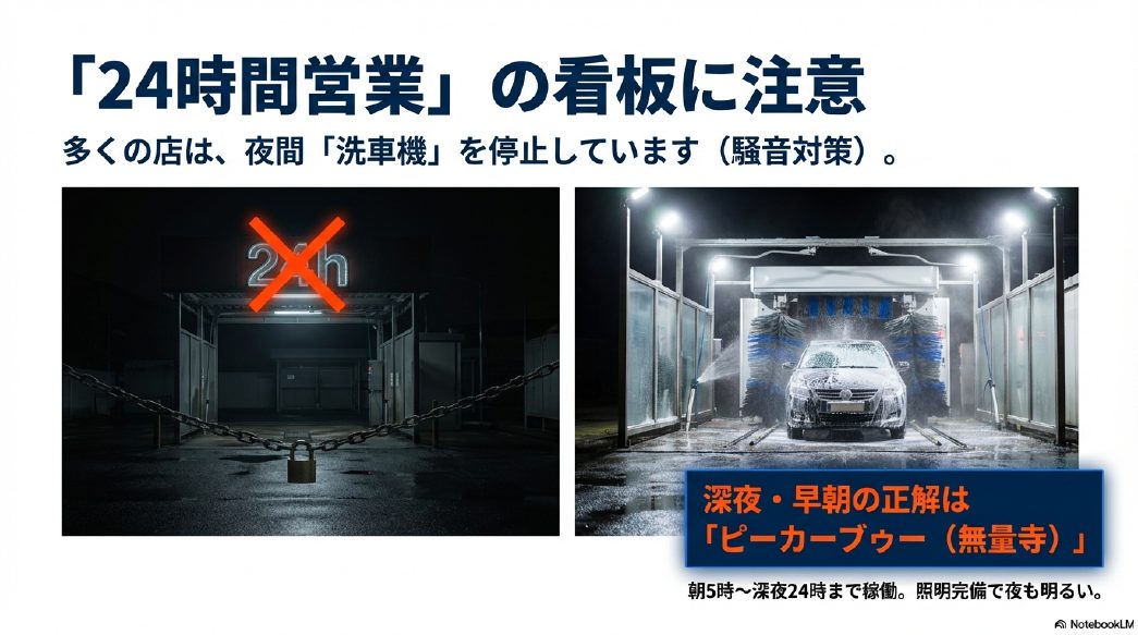 24時間営業の看板に注意：夜間停止の実態と、深夜・早朝も稼働しているピーカーブゥー無量寺店の紹介