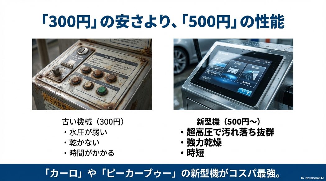 300円の古い洗車機と500円の最新洗車機の性能比較表。水圧、乾燥力、時間の違いについて解説