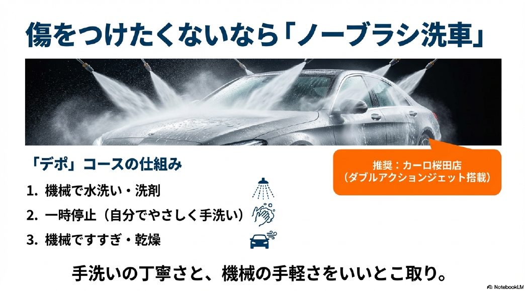 傷をつけないノーブラシ洗車機のメリットと、手洗いを組み合わせたカーロ桜田店のDEPOTコースの手順