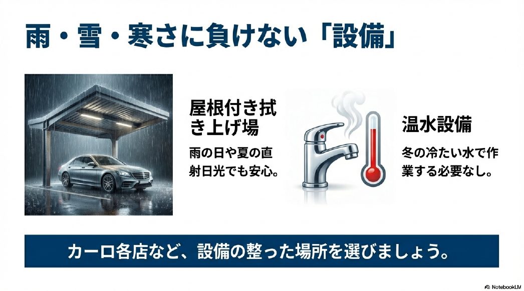 雨や雪でも安心な屋根付き拭き上げスペースと、冬の洗車に欠かせない温水設備のメリット