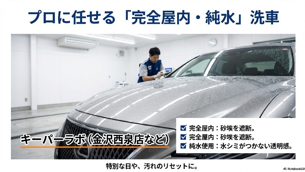 キーパーラボなどの専門店で提供される完全屋内環境と、水シミを防ぐ純水手洗い洗車のメリット