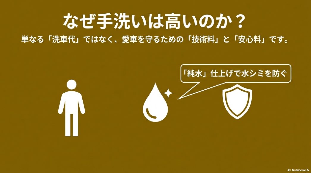 手洗い洗車が高い理由は技術料と安心料であることの解説と純水仕上げによる水シミ防止効果
