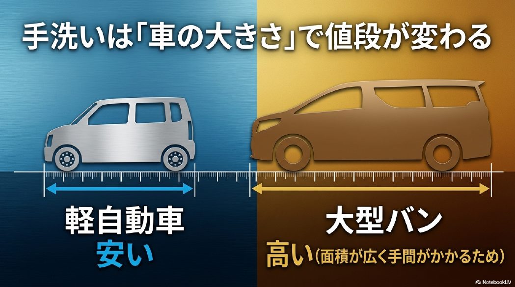 軽自動車は安く大型バンは高いという車種サイズによる手洗い洗車料金の変動イメージ