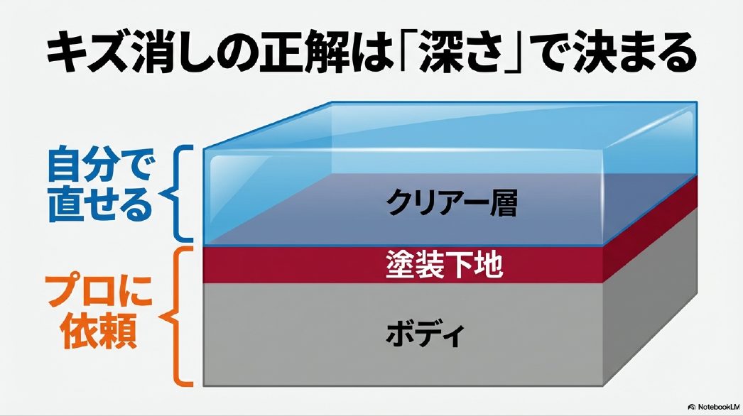 自動車の塗装構造図とキズの深さによる修理可否(クリアー層はDIY、下地はプロ)