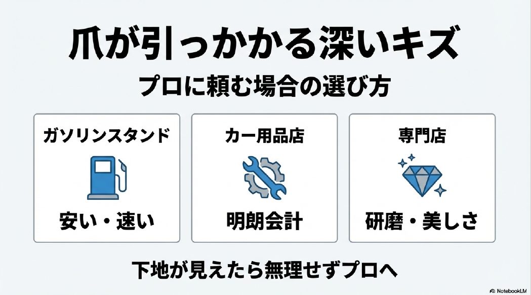 ガソリンスタンド、カー用品店、専門店の修理特徴と選び方の比較チャート