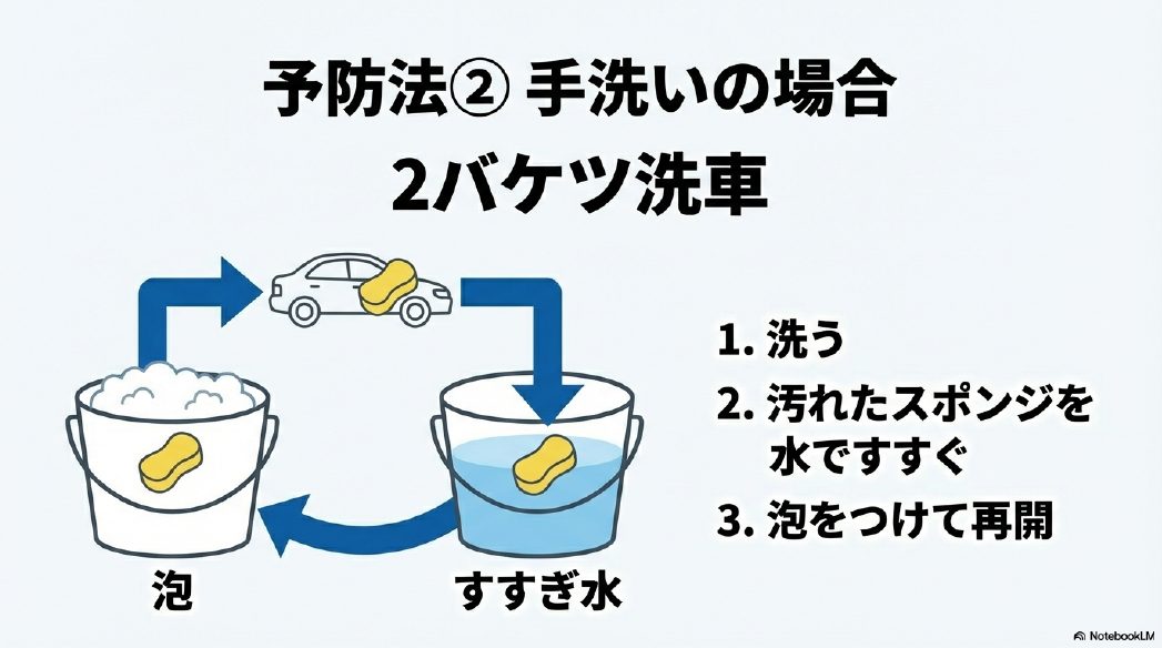 洗車キズを防ぐ2バケツ洗車法の手順(洗う・すすぐ・再開)
