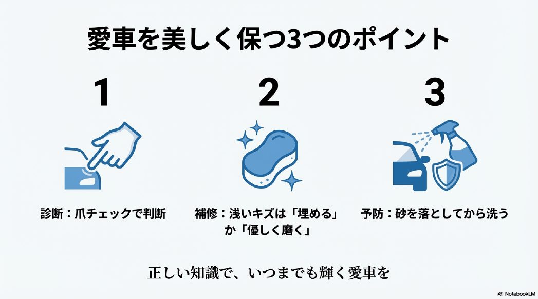洗車キズ消しの診断・補修・予防の3つの重要ポイントまとめ