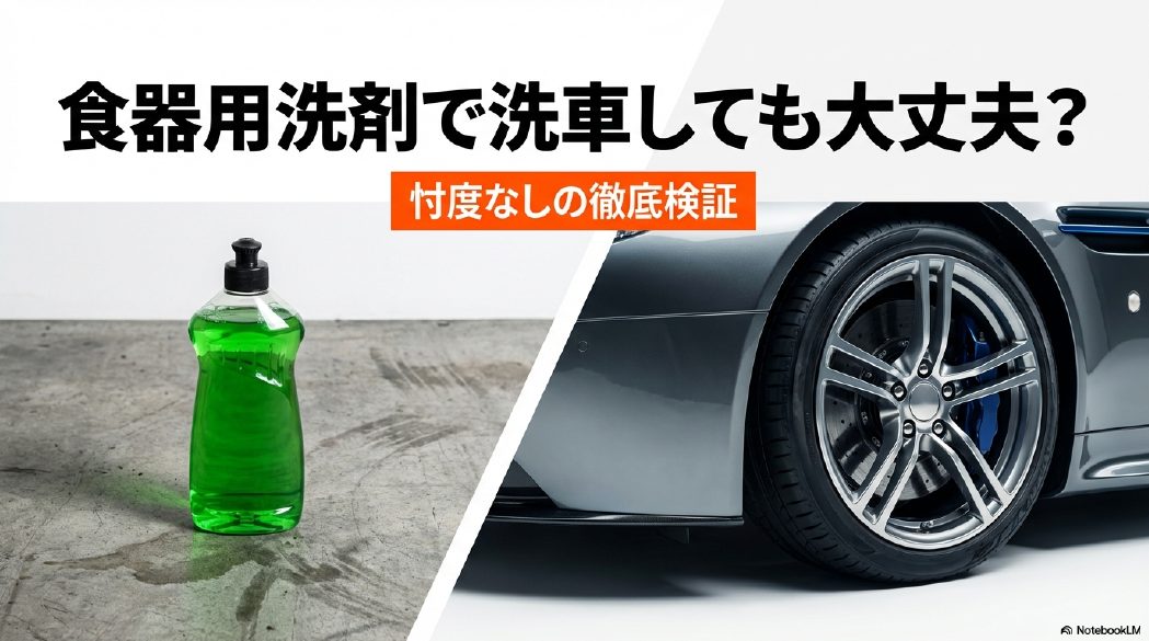 食器用洗剤で洗車しても大丈夫？」という疑問に対し、忖度なしで検証する記事のタイトルスライド