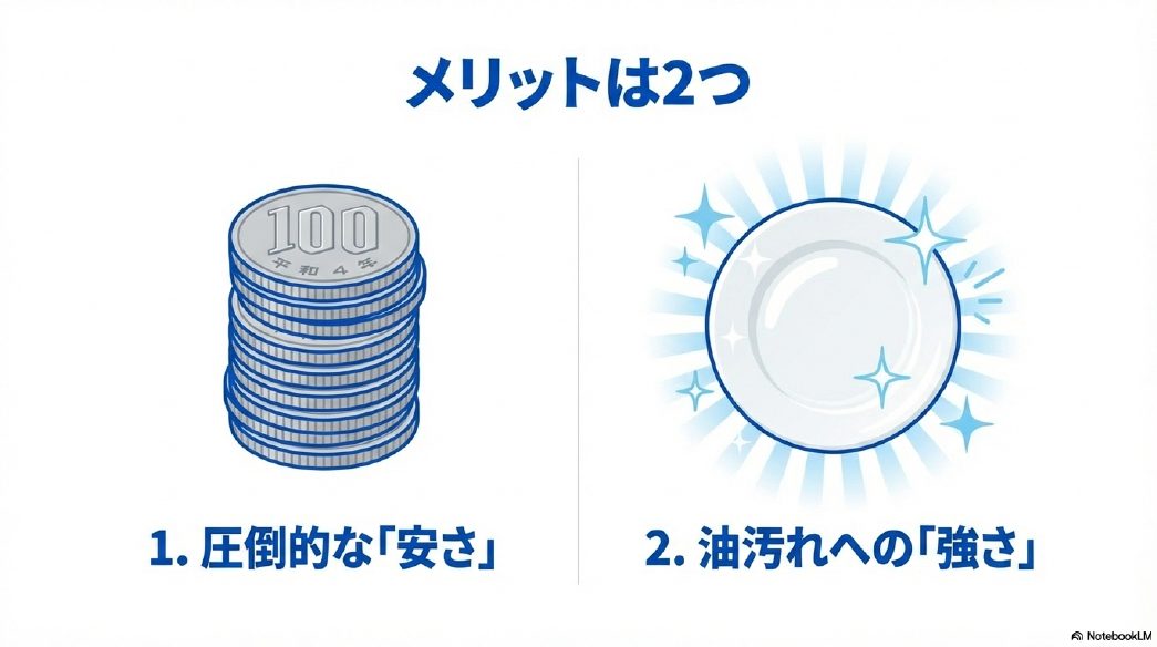 100円硬貨によるコストメリットと、ピカピカの皿による強力な脱脂力を示すイメージ図