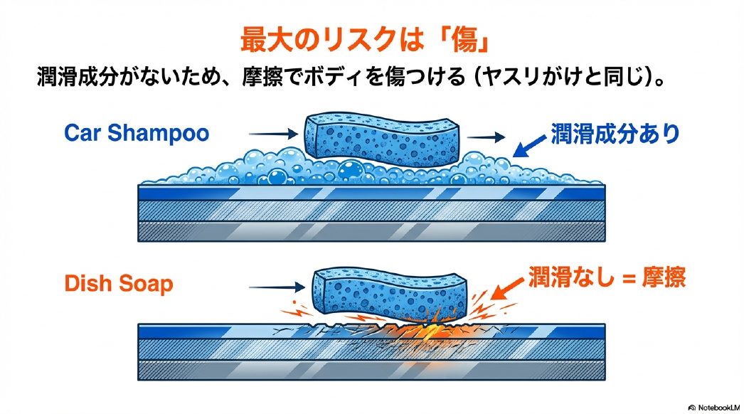 カーシャンプーの潤滑層が摩擦を防ぐ仕組みと、食器用洗剤が直接摩擦を起こす様子の比較図