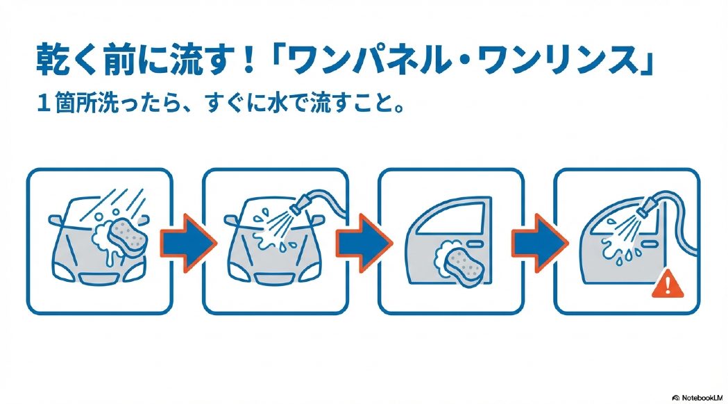 洗剤成分が乾くのを防ぐため、1パネル洗うごとに水ですすぐ手順を示したイラスト
