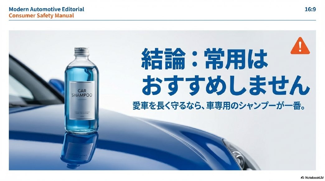 愛車を長く守るためには食器用洗剤の常用を避け、専用カーシャンプーを使用すべきという結論スライド