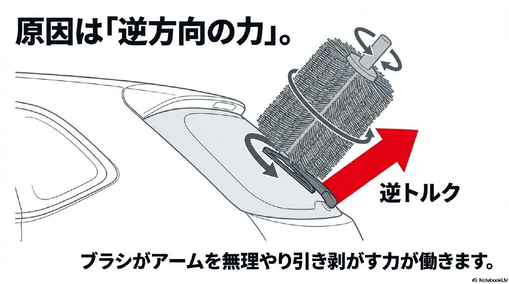 洗車機のブラシがリアワイパーを巻き込み、逆方向の強い力（逆トルク）がかかる仕組みの解説図