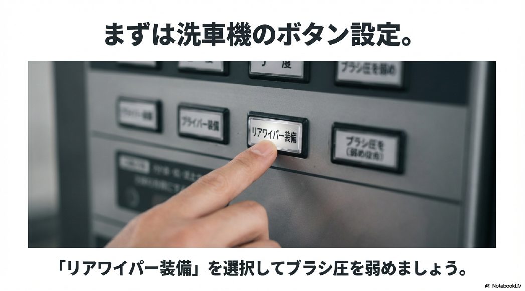 セルフ洗車機の操作パネルにある「リアワイパー装備」ボタンを指で押している画像