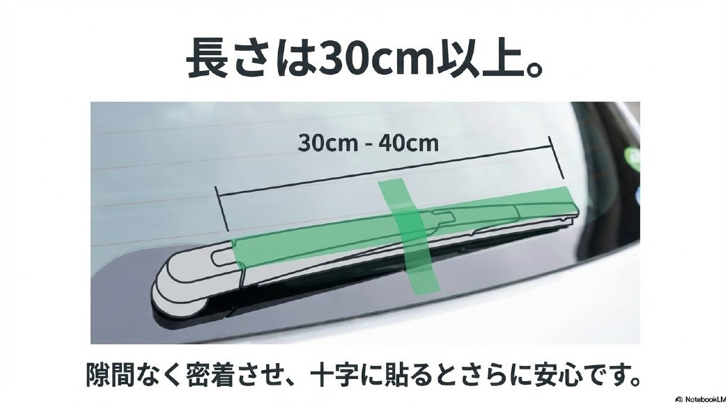 リアワイパーに養生テープを30cm〜40cmの長さで貼り付け、しっかり固定している図解