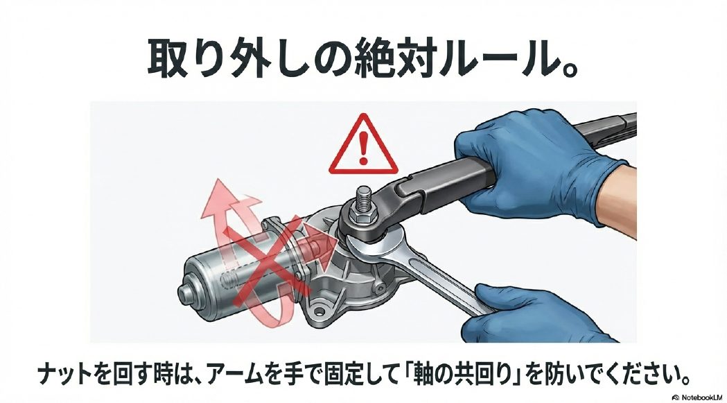 ワイパーアームのナットを緩める際、アームを手で固定してモーター軸の破損を防ぐ方法を示した警告図