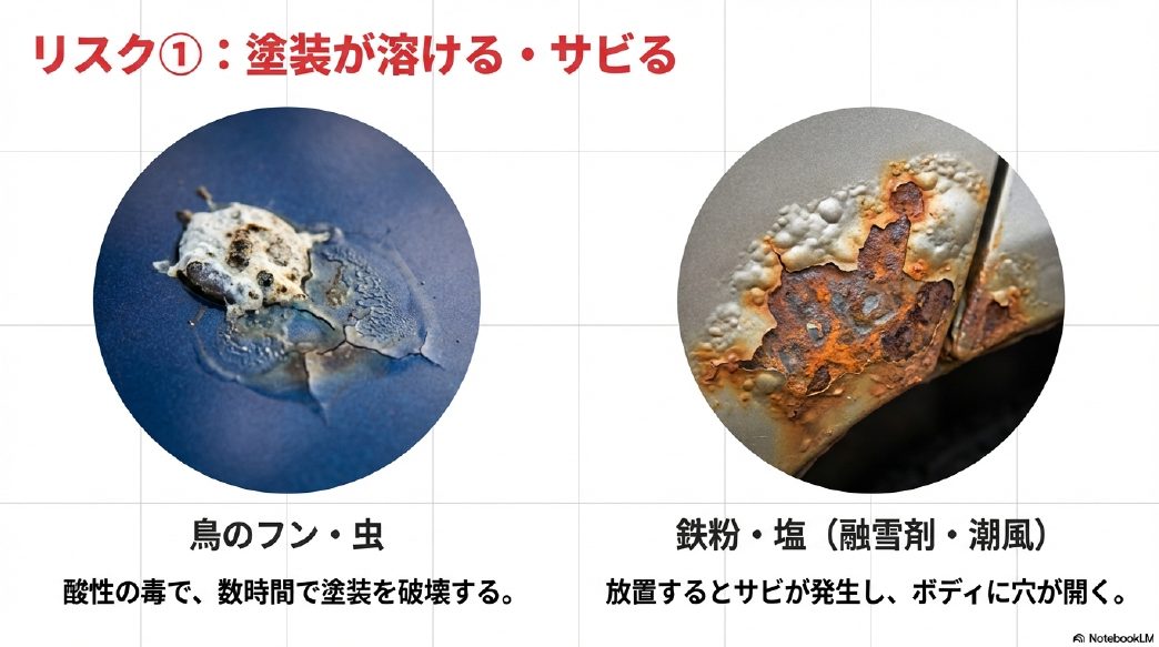 鳥のフンの酸性毒や鉄粉・塩害によって車の塗装が溶解・腐食するリスクの図解
