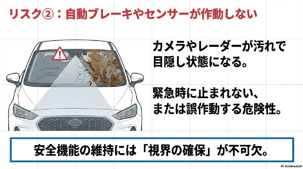 フロントガラスの汚れがカメラ視界を遮り自動ブレーキなどの安全装備が作動しなくなるイメージ図