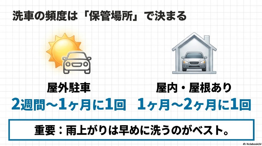 屋外駐車と屋内駐車それぞれの推奨される洗車頻度とリスクの違いを示したイラスト