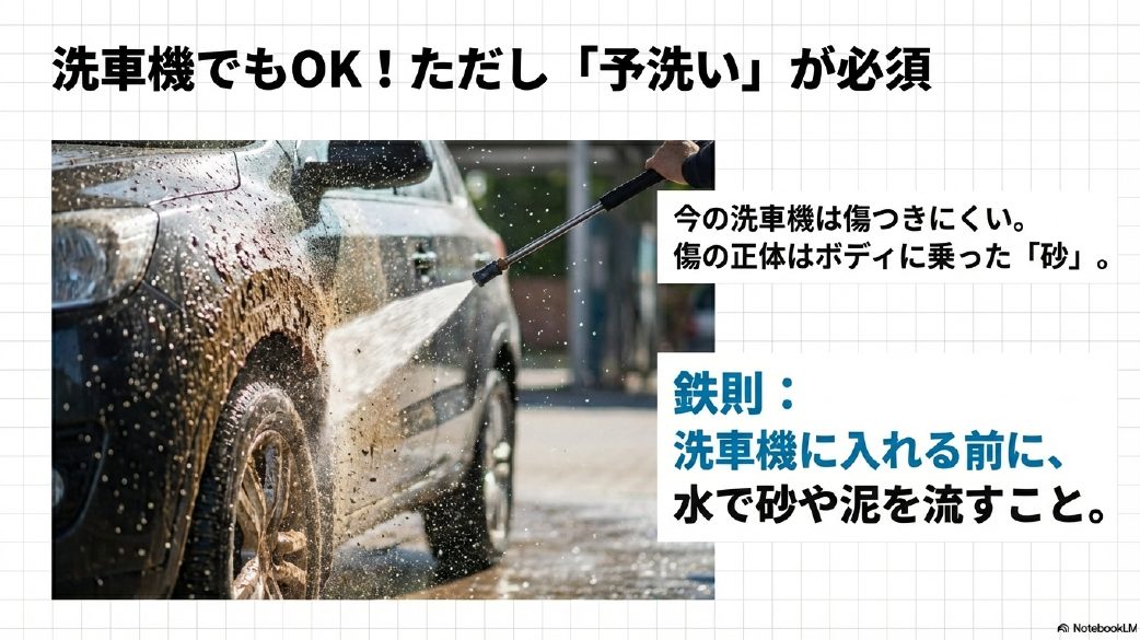 洗車機で傷がつく主な原因はブラシではなくボディに付着した砂であることを解説した図