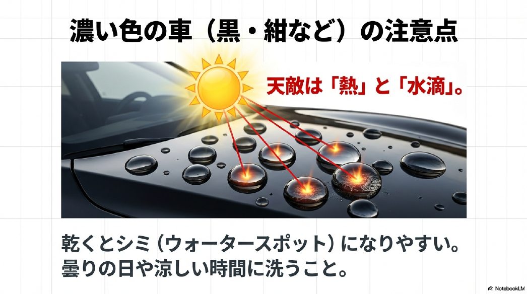 黒い車のボンネット上の水滴がレンズとなり塗装を焼くウォータースポット現象の解説図