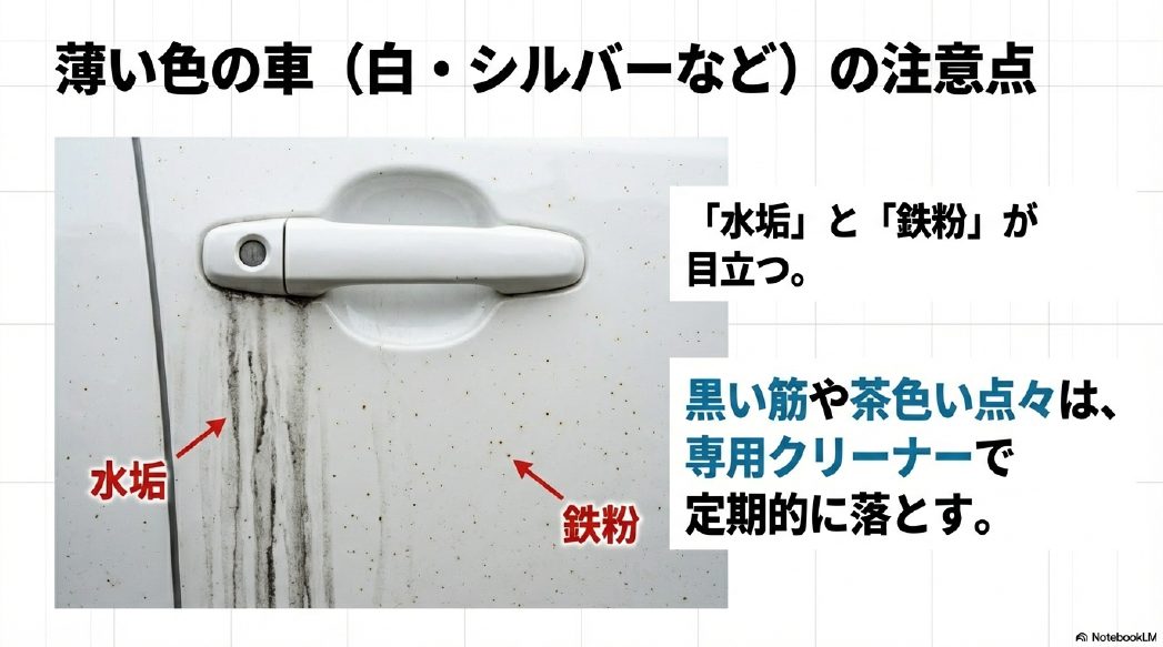 白い車で目立ちやすい水垢の黒い筋や鉄粉による茶色い点々の汚れについての解説図