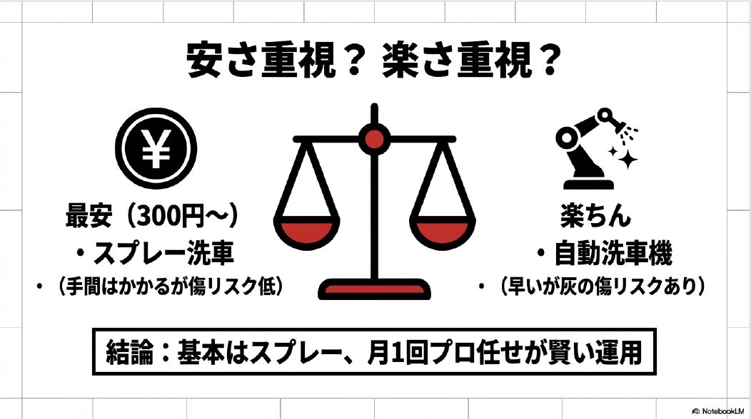 スプレー洗車と自動洗車機の料金と手間の比較