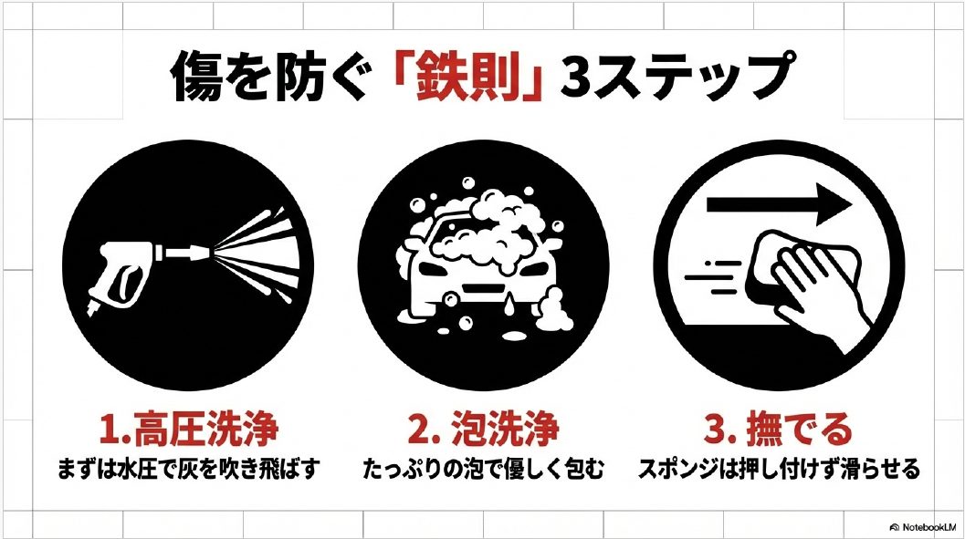 火山灰を傷つけずに落とす洗車の3ステップ