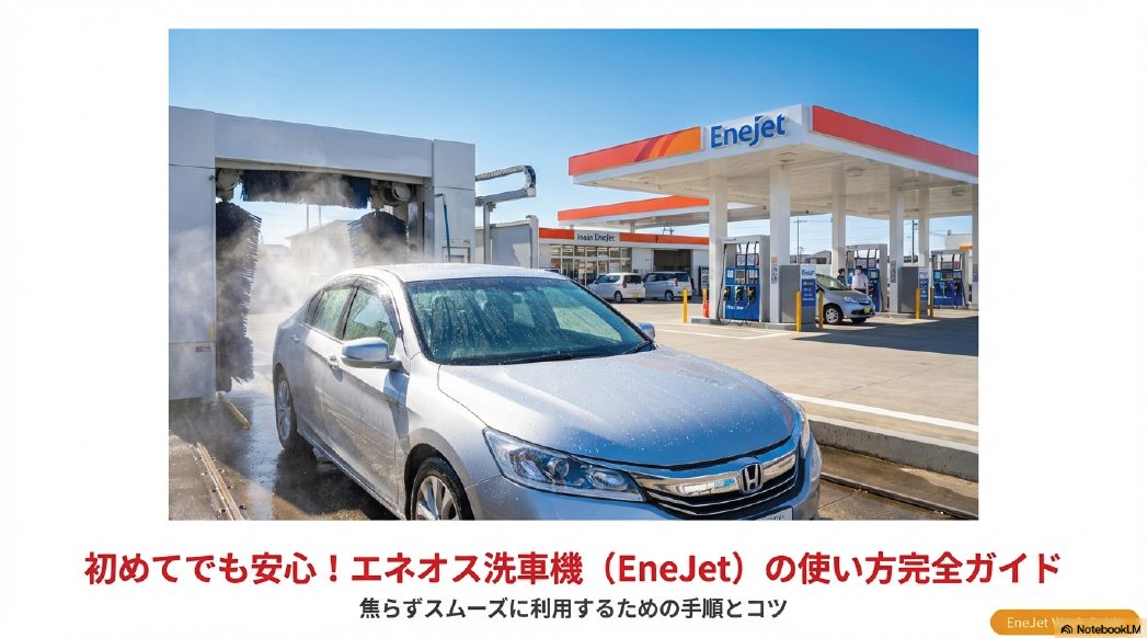 エネオスEneJet洗車機の利用ガイド表紙と洗車中の車の画像