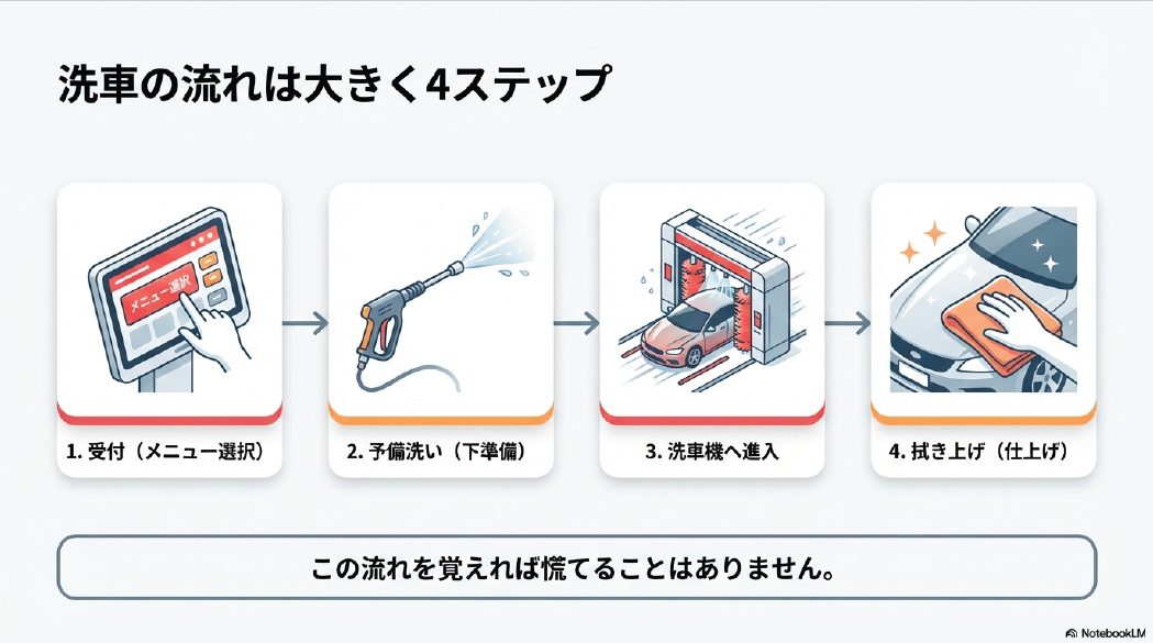 受付から予備洗い、洗車機進入、拭き上げまでのエネオス洗車4ステップの流れ