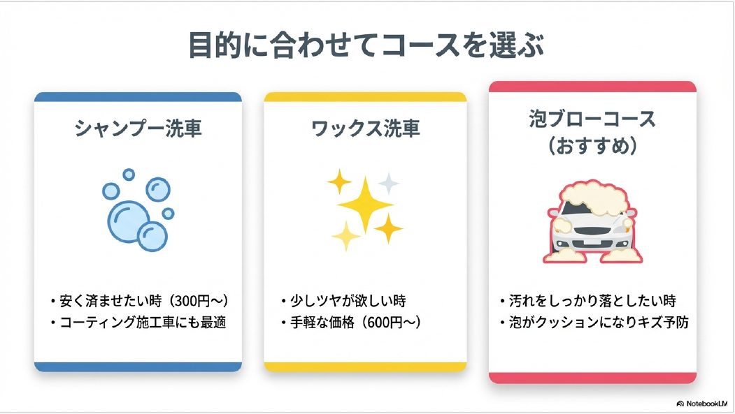 シャンプー洗車から泡ブロー、ガラスコートまで目的に合わせたコース選択一覧