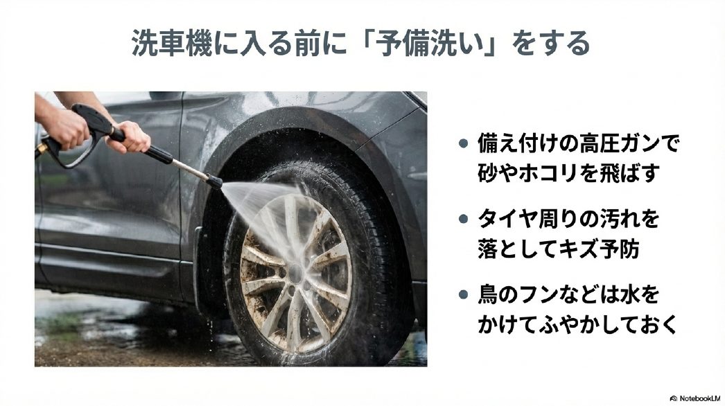 洗車機に入る前に高圧ガンでタイヤ周りの泥や砂を落とす予備洗いの様子