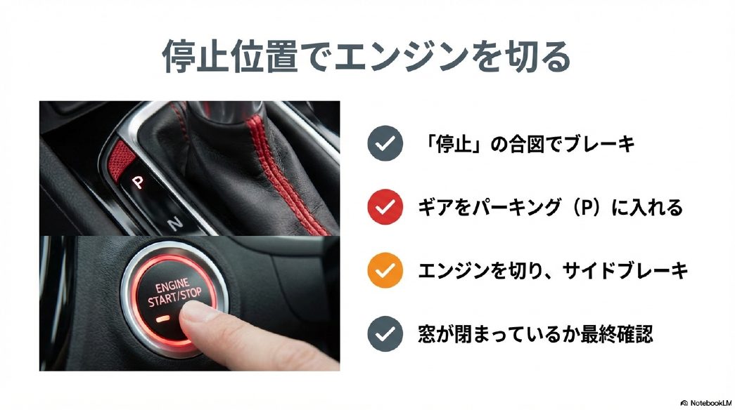 洗車機内での停止位置確認とパーキングギア、エンジン停止の操作手順