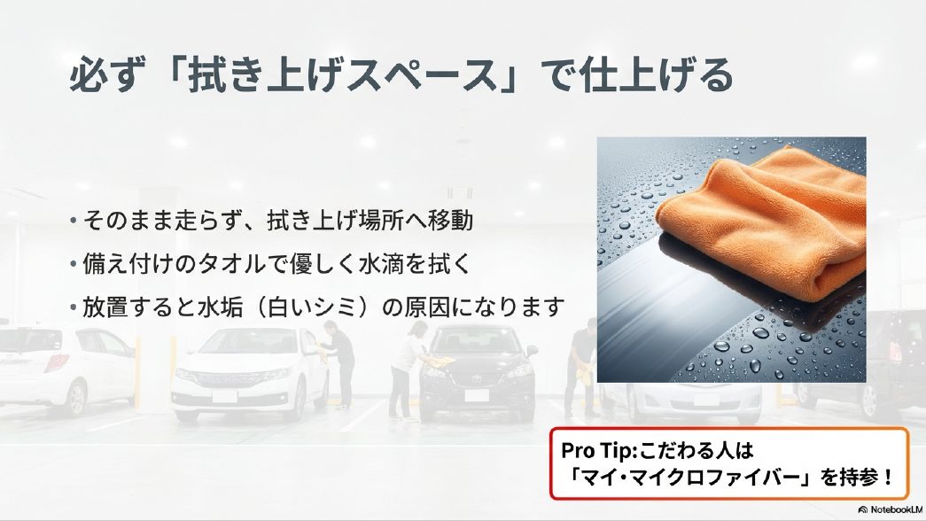 洗車後の水滴を専用タオルで優しく拭き上げる仕上げの様子