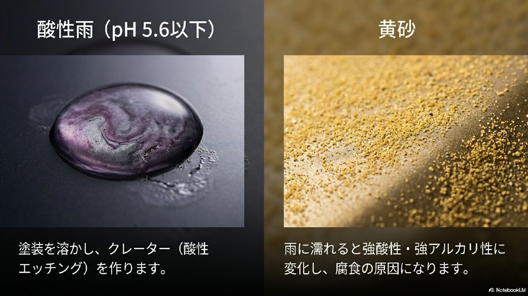 黄砂と雨が混ざり化学反応を起こして塗装を攻撃する様子