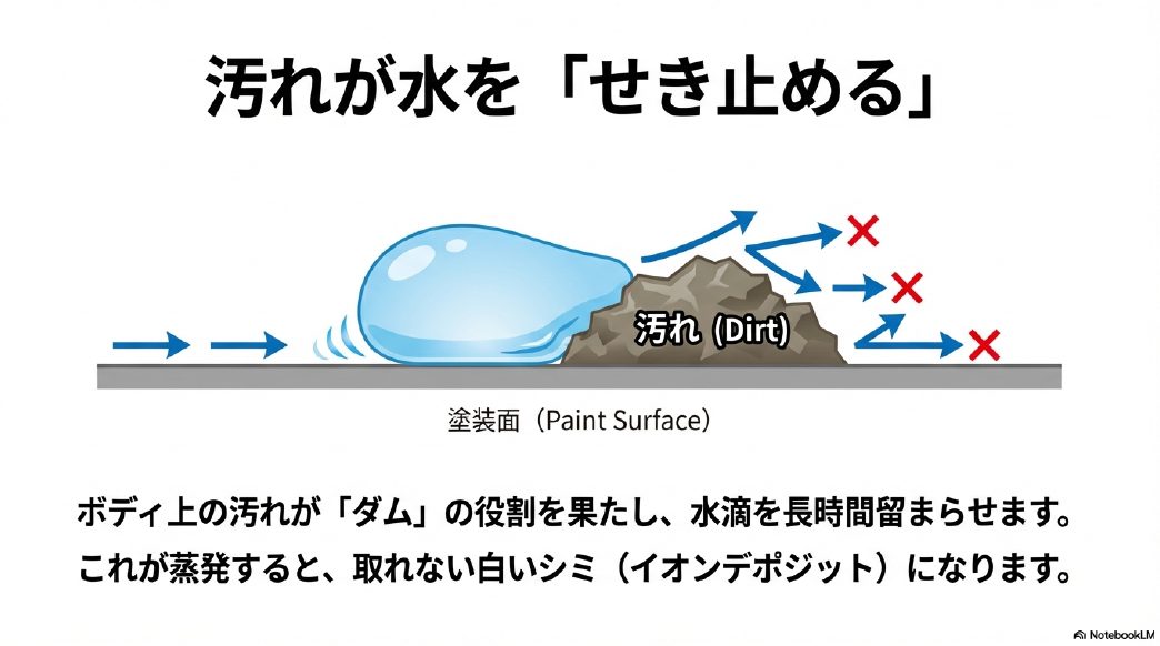 ボディ上の汚れが水をせき止めてイオンデポジットを形成するメカニズム図