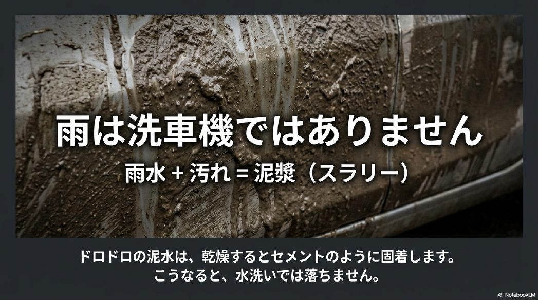 雨水と汚れが混ざって泥漿（スラリー）となり固着するプロセス