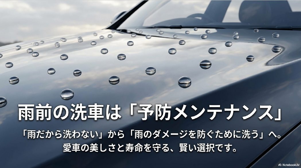 雨前の洗車は予防メンテナンスであるという結論のスライド
