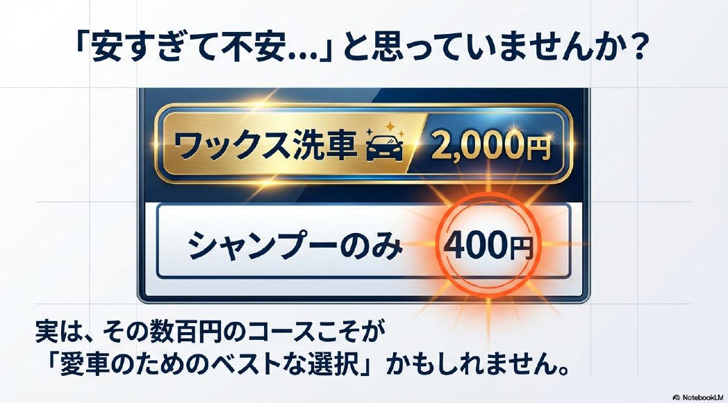 ワックス洗車2,000円とシャンプーのみ400円の比較。安いコースこそが正解であるという図解