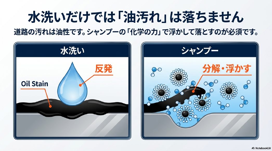 水洗いは油汚れを弾いてしまうが、シャンプー洗車は界面活性剤の力で汚れを分解・浮かすことができるという比較イラスト