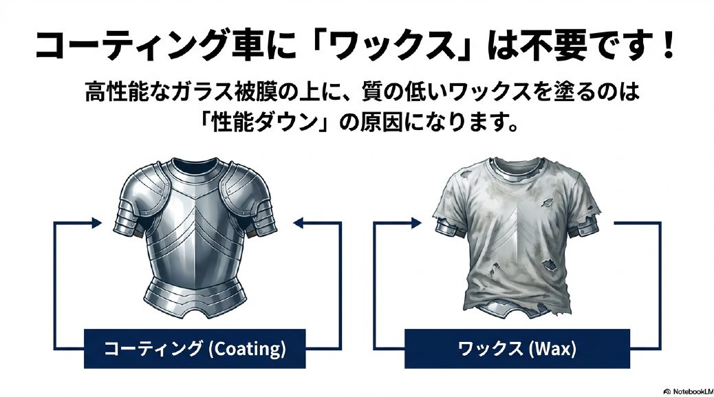 コーティングという高性能な鎧の上に、ワックスというボロボロの服を着せるイメージ図。性能ダウンの原因になることを解説