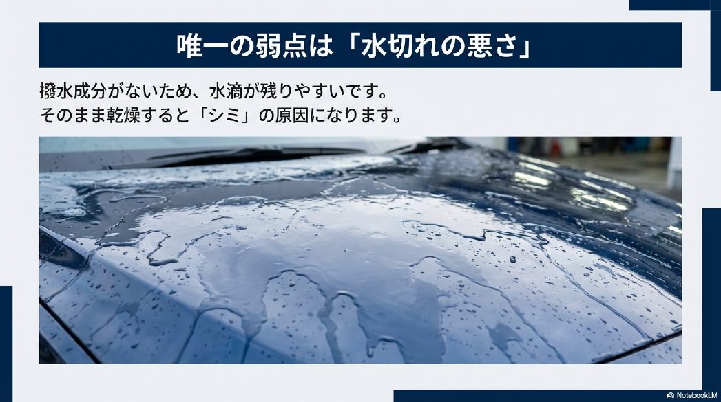 シャンプー洗車後のボディに水滴が残っている様子。撥水成分がないためシミになりやすいことを警告する画像
